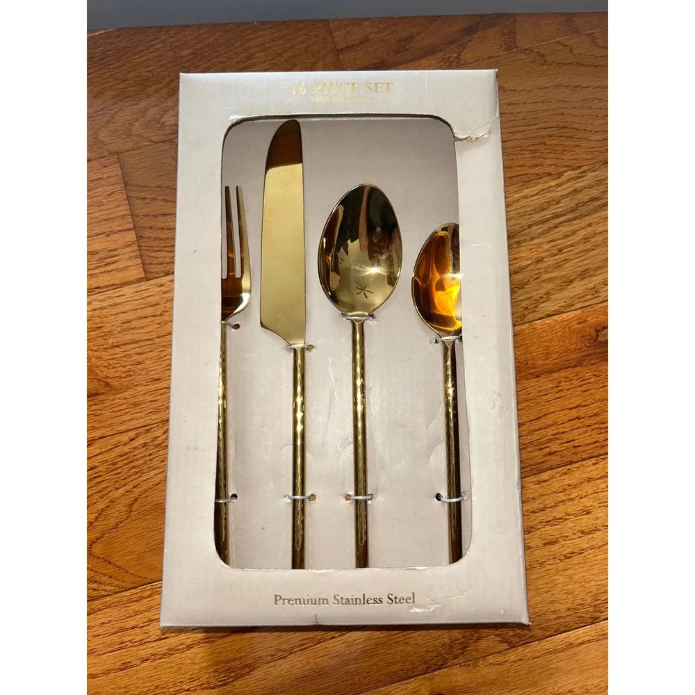 Venus Gift 16 Piece Gold Stainless Steel Flatware Set Hammered Service for 4